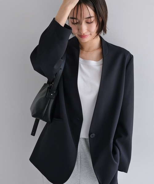 【新品未使用】evernavy ノーカラージャケット Lサイズ 完売商品 evernavy コート アウター ノーカラージャケット レディース