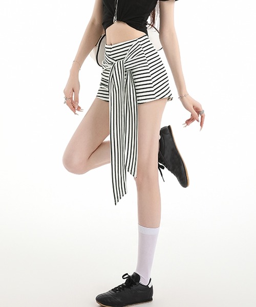 core core パンツ ボーダー柄リボンデザインショートパンツ レディース