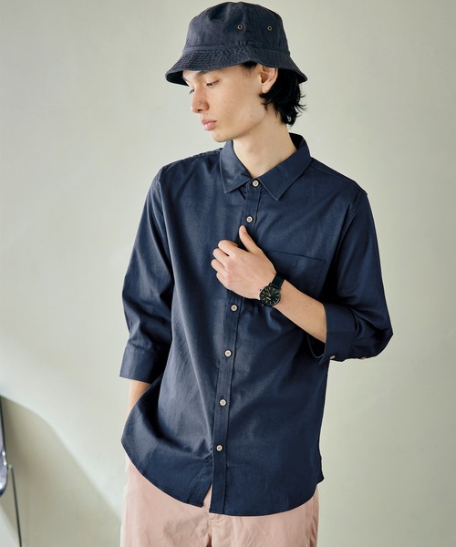 低価格 シャツ ブラウス パナマ織り 綿麻ストレッチ7分袖シャツ 5 Off