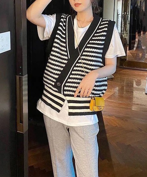 ベスト ジレ ニットボーダーベスト レディース : ZOZOTOWN Yahoo