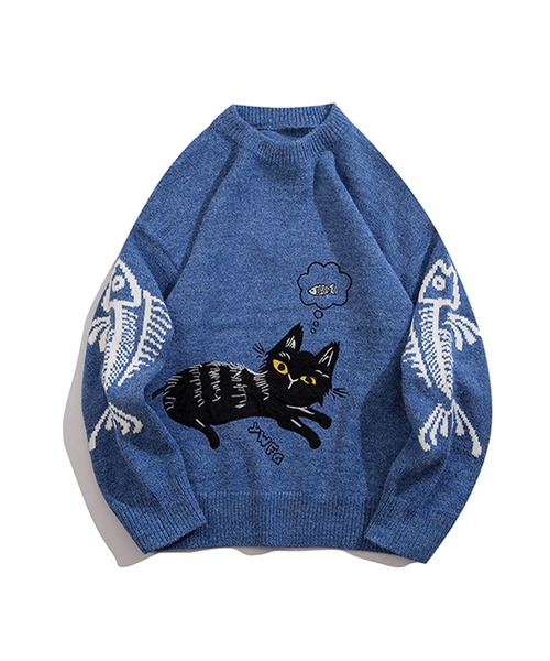 セーター ニット 「HOOK」個性派・かわいい猫とサカナ刺繍ニット