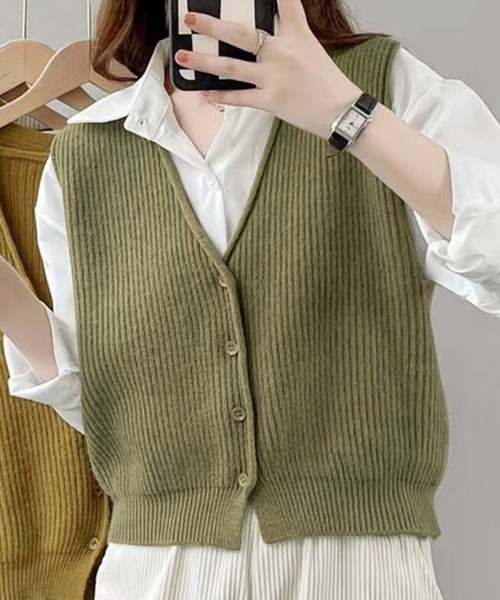 Dewlily ベスト ジレ パイピングニットベスト レディース : ZOZOTOWN
