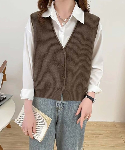 Dewlily ベスト ジレ パイピングニットベスト レディース : ZOZOTOWN