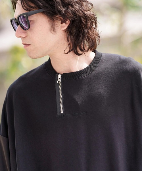 CAMBIO tシャツ mt9071- Sleeve Mesh Zipper Henley Neck Cut