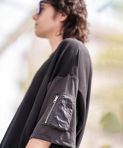 CAMBIO tシャツ mt9071- Sleeve Mesh Zipper Henley Neck Cut sew T