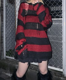 赤黒ボーダー ニット ダメージ モヘアニットボーダー 赤黒ニット