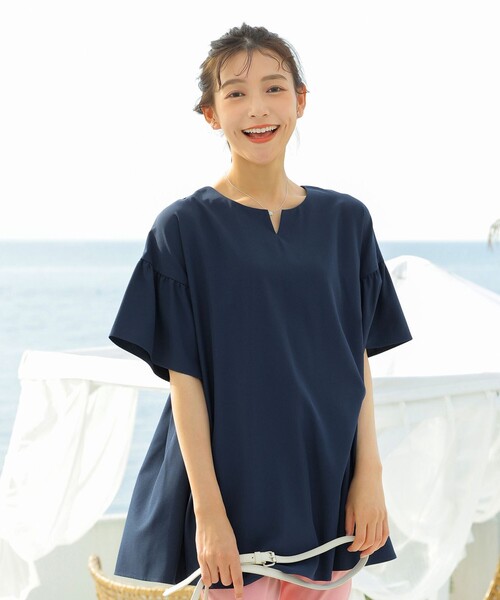 Tiaclasse ブラウス シャツ キーネックフレア袖チュニックブラウス