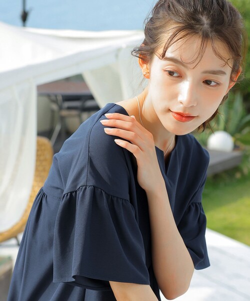 Tiaclasse ブラウス シャツ キーネックフレア袖チュニックブラウス