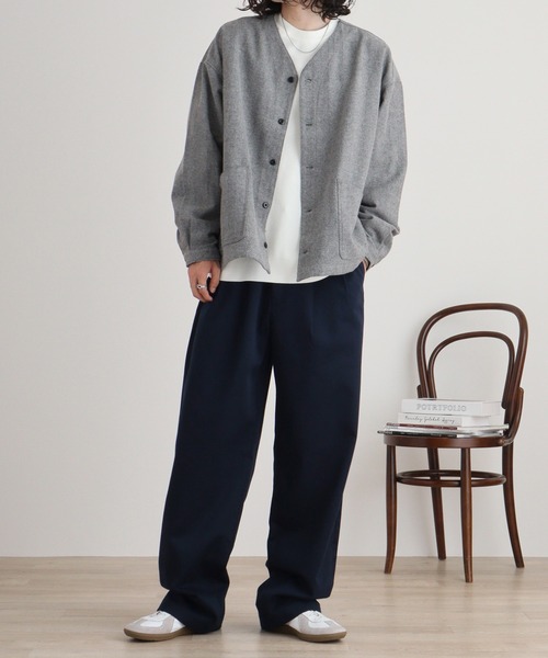 ネイビー 長袖カーディガン ウール混 FUNALIVE カーディガン ウール混ヘリンボーン シャツカーデ メンズ