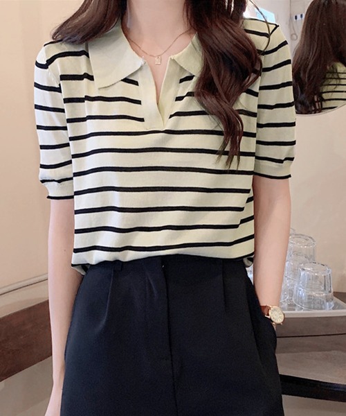 Dewlily ニット セーター スキッパーボーダー半袖ニット レディース