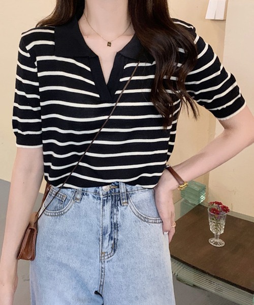 Dewlily ニット セーター スキッパーボーダー半袖ニット レディース