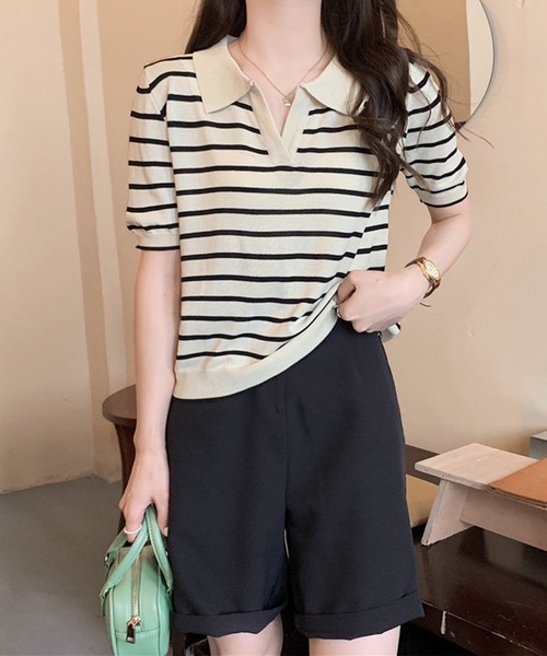 Dewlily ニット セーター スキッパーボーダー半袖ニット レディース
