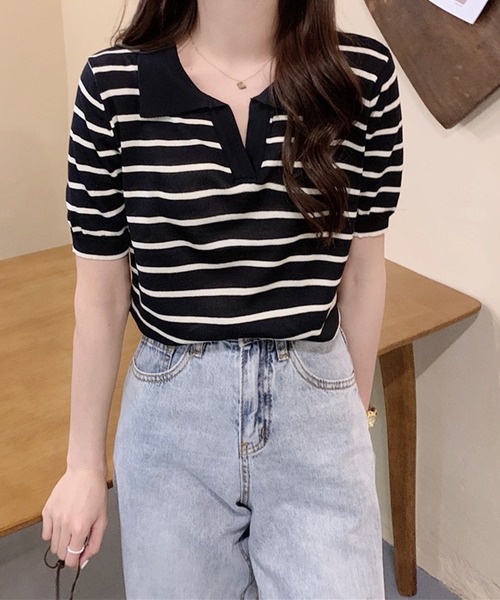 Dewlily ニット セーター スキッパーボーダー半袖ニット レディース