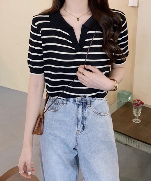 BIBIY 半袖 ボーダー ニット トップス Dewlily ニット セーター スキッパーボーダー半袖ニット レディース