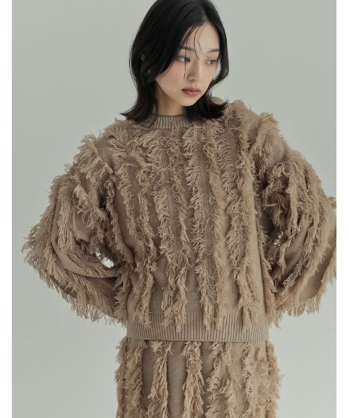 フリンジプリント トップス フェザーフリンジ フレンチスリーブ トップス レイヤード