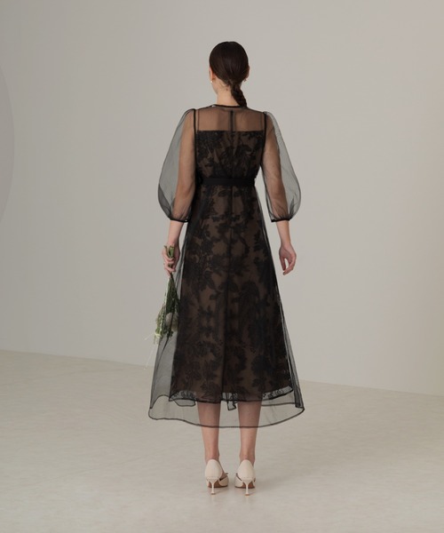 チュールパイピングリーフベルトAラインドレス結婚式パーティー成人式二次会デート 当日発送】チュールパイピングリーフベルトAラインワンピースドレス