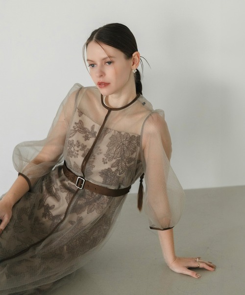 Leja ドレス 「LEJA」チュールパイピングリーフベルトAライン