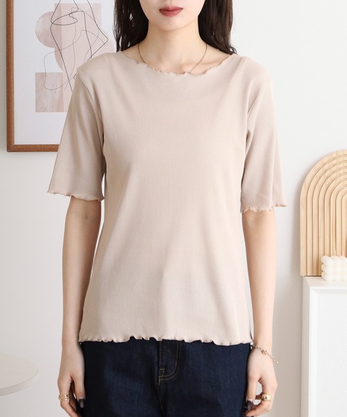 新品　asana カットソー五分丈 atONE tシャツ メロウリブ5分袖カットソー レディース