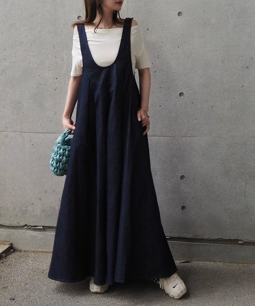 ジャンパースカート u neck tuck denim jumper skirt /Uネック