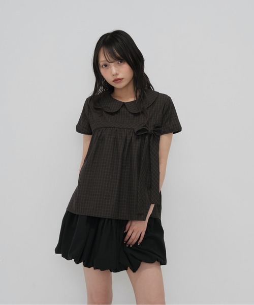 tシャツ 襟付き チェック　リボン ブラウス トップス レディース