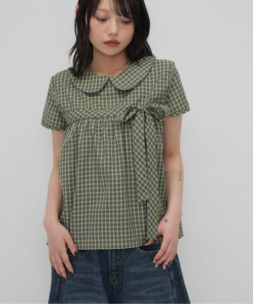Enewd nina tシャツ 襟付き チェック リボン ブラウス トップス