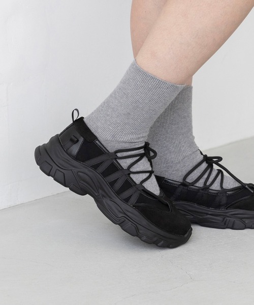 にこ/MOUSSY 黒 厚底靴 バレエ 6310009 厚底レースアップシューズ （ブラック） -YOSUKE