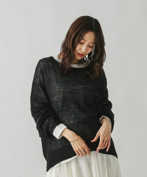 GLOBAL WORK ニット セーター モヘヤタッチ透かし編みプルオーバー