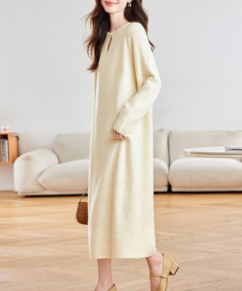 美品.定価1.7万☆シップス 洗える 袖裾レース リブ編みニットワンピース Lace Ladies（レースレディース） ワンピース ハーフジップリブニット