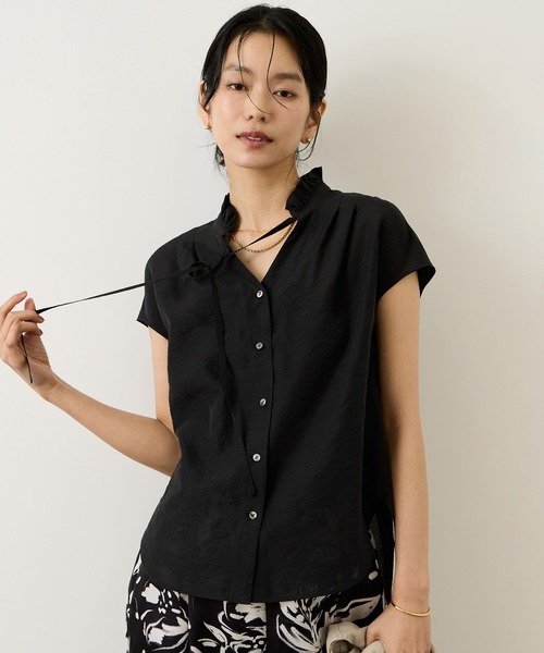 ブラウス シャツ 「一部J'aDoRe・ルミネ限定カラー」スタンドフリルスキッパーブラウス(無地・ピンストライプ)/イージーケア レディースの画像