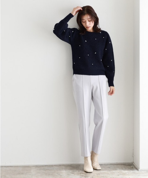 ニット セーター パールパフスリーブニット レディース Pierrot ニット セーター パフスリーブパールニット レディース