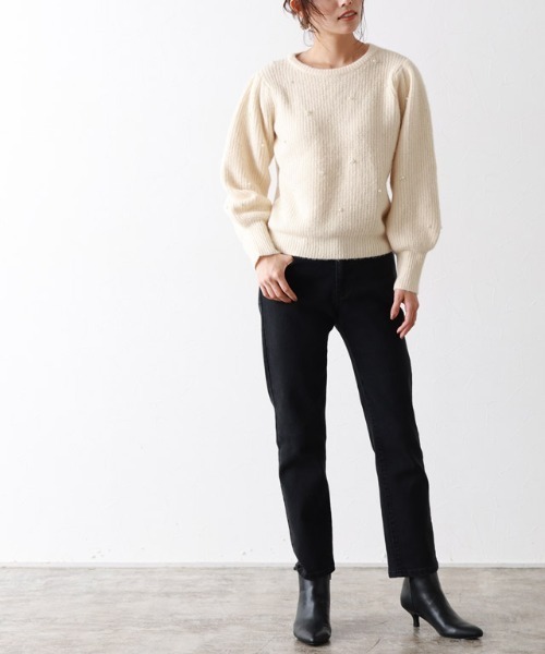 ニット セーター パールパフスリーブニット レディース Jewelobe ニット セーター パフスリーブパールニット レディース