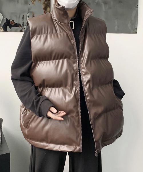 未使用級✨Diagram ラムファー切替 ダウンベスト　ブラウン　フード　36 ダウンベスト ベスト 「FVLMEN」PU filling vest/合皮 中綿 メンズ