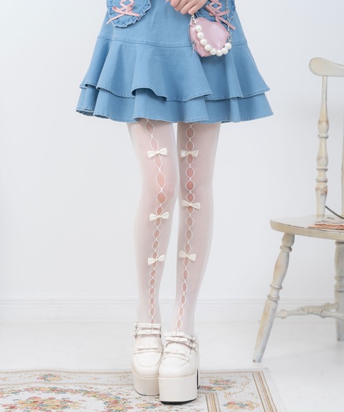 即日発送　NODRESS ブルー　ホワイト　リボン　タイツ　2024新発売 関税送料込[NO DRESS]レースリボンストッキング☆大人気☆ (NODRESS