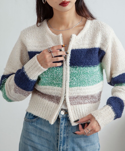 カーディガン ボーダーネップジップカーディガン レディース