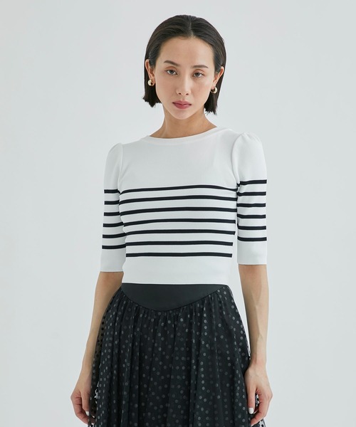 BORDERS at BALCONY 半袖ニットセーター 36 ボーダーズアットバルコニー パール付き＊半袖ニット 36