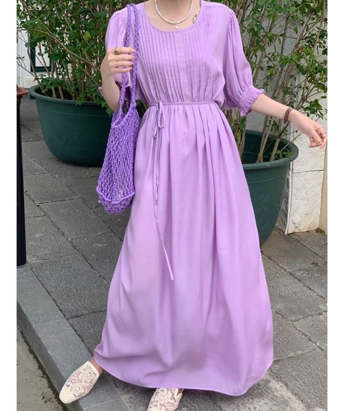 FAVORITO ワンピース 半袖 紐付き胸前プリーツデザインワンピース