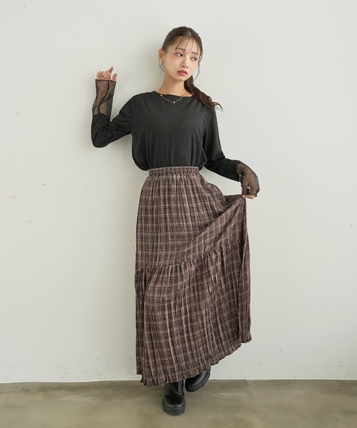 mil（ミル） ロング スカート ワッシャー プリーツ サテン チェック