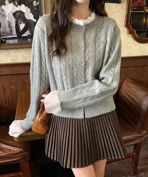 Ada. カーディガン レイヤード風 ケーブル編み ニット カーデ