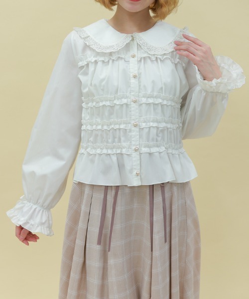 axes femme POETIQUE ブラウス シャツ シャーリングフリル丸襟ブラウス