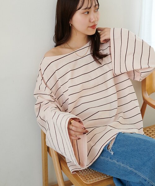 Discoat（ディスコート） tシャツ 2WAYワンショルボーダープルオーバー 