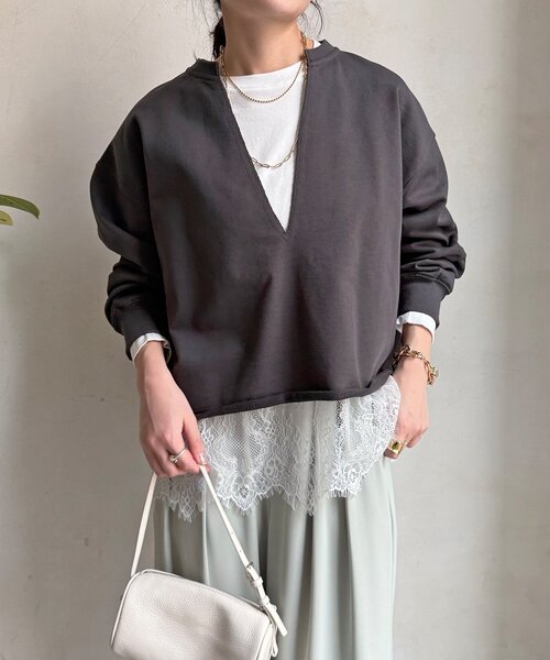 DouDou（ドゥドゥ） tシャツ 「WEB限定」Vネック裏毛×レースロンTEE