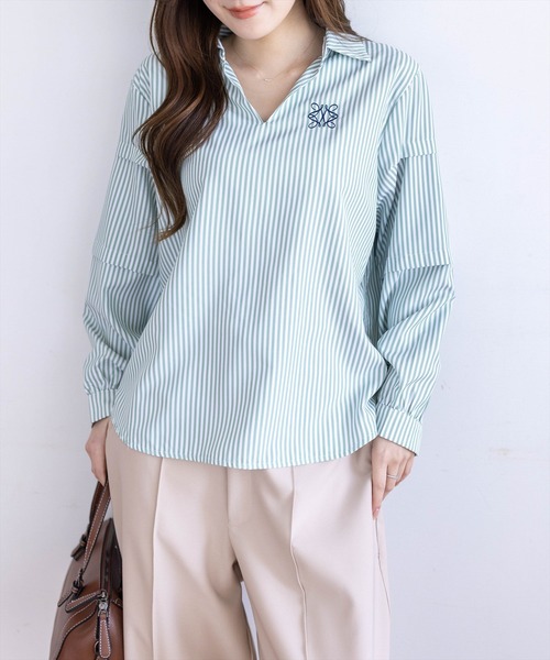 CLEAR BASIC ブラウス シャツ ワンポイント刺繍袖タックストライプ 