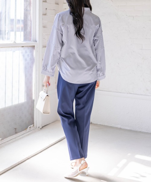 CLEAR BASIC ブラウス シャツ ワンポイント刺繍袖タックストライプ