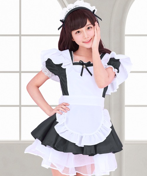 コスプレ 「メイドコス」4点セット パニエ付きメイド服 半袖ワンピース