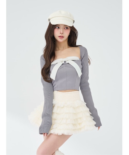 Darich♡ニットボレロリボンベアトップス♡ホワイト Darich（ダーリッチ） ニットボレロリボンベアトップス レディース