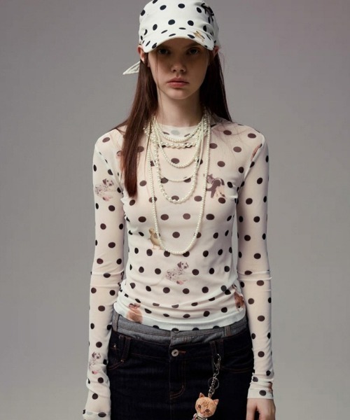 tシャツ ドット柄シアーハイネックトップス レディース : ZOZOTOWN