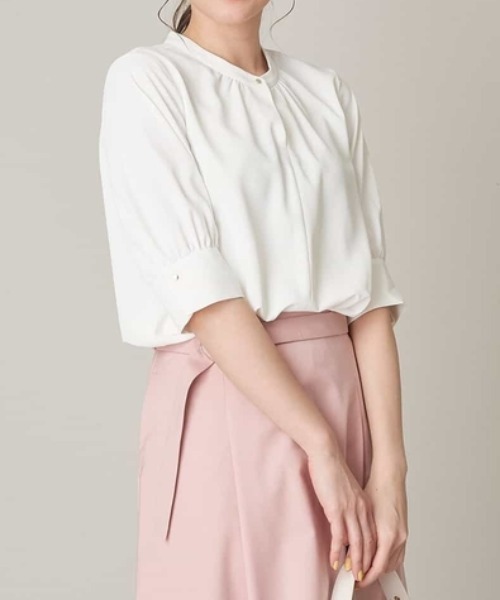 シャツ ブラウス スタンドカラーフロントタックブラウス 爆安プライス