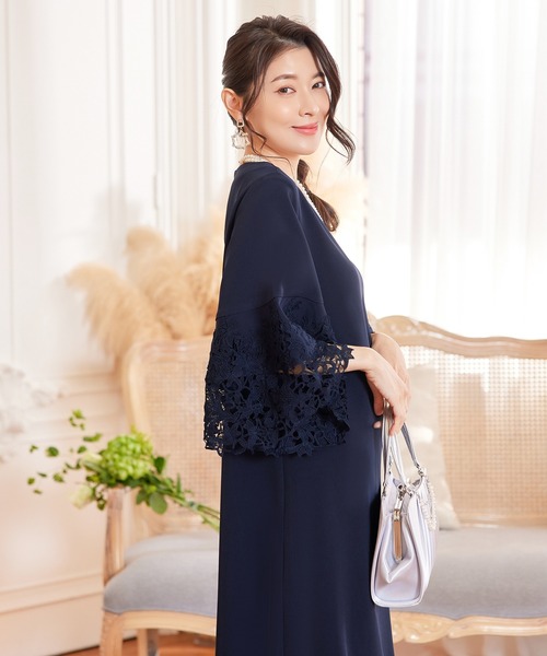 ドレス ドレス ワンピース レース袖 ストレート ミモレ丈