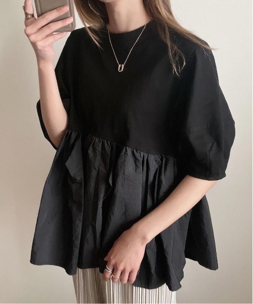 ヨリ ハーフスリーブフリルカットソー ヘムペプラム F ストライプ Tシャツ ヨリ ハーフスリーブフリルカットソー ヘムペプラム F