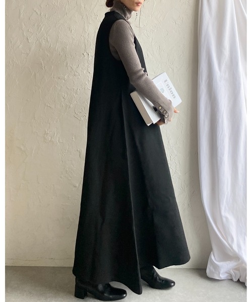 タートレネックニットスリムドレスロングスカートワンピース She's Closet ワンピース 深Vネックノースリーブロング丈Aライン